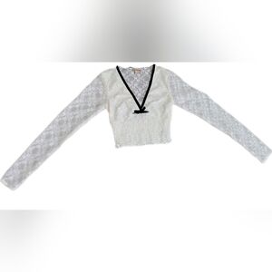 White Fitted Crop Blouse with Black Trim